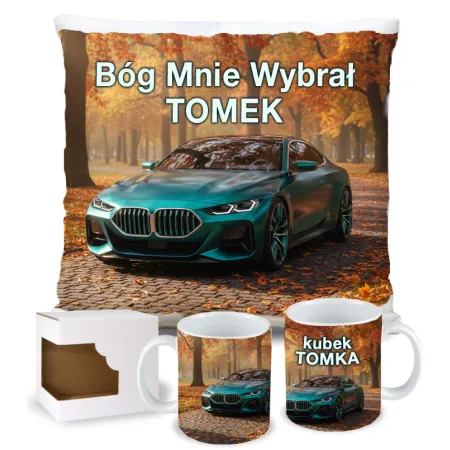 Zestaw Kubek Poduszka Prezent dla Fana Motoryzacji Bóg Mnie Wybrał BMW imię